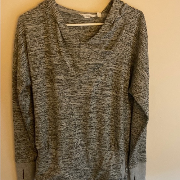 Athleta Heathered Gray Pullover Hoodie w/Twist Neck, Front Pocket & Thumb Holes - Picture 1 of 9